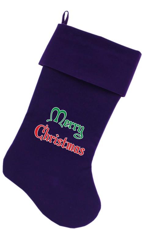 Merry Christmas Screen Print 18 inch Velvet Christmas Stocking Purple